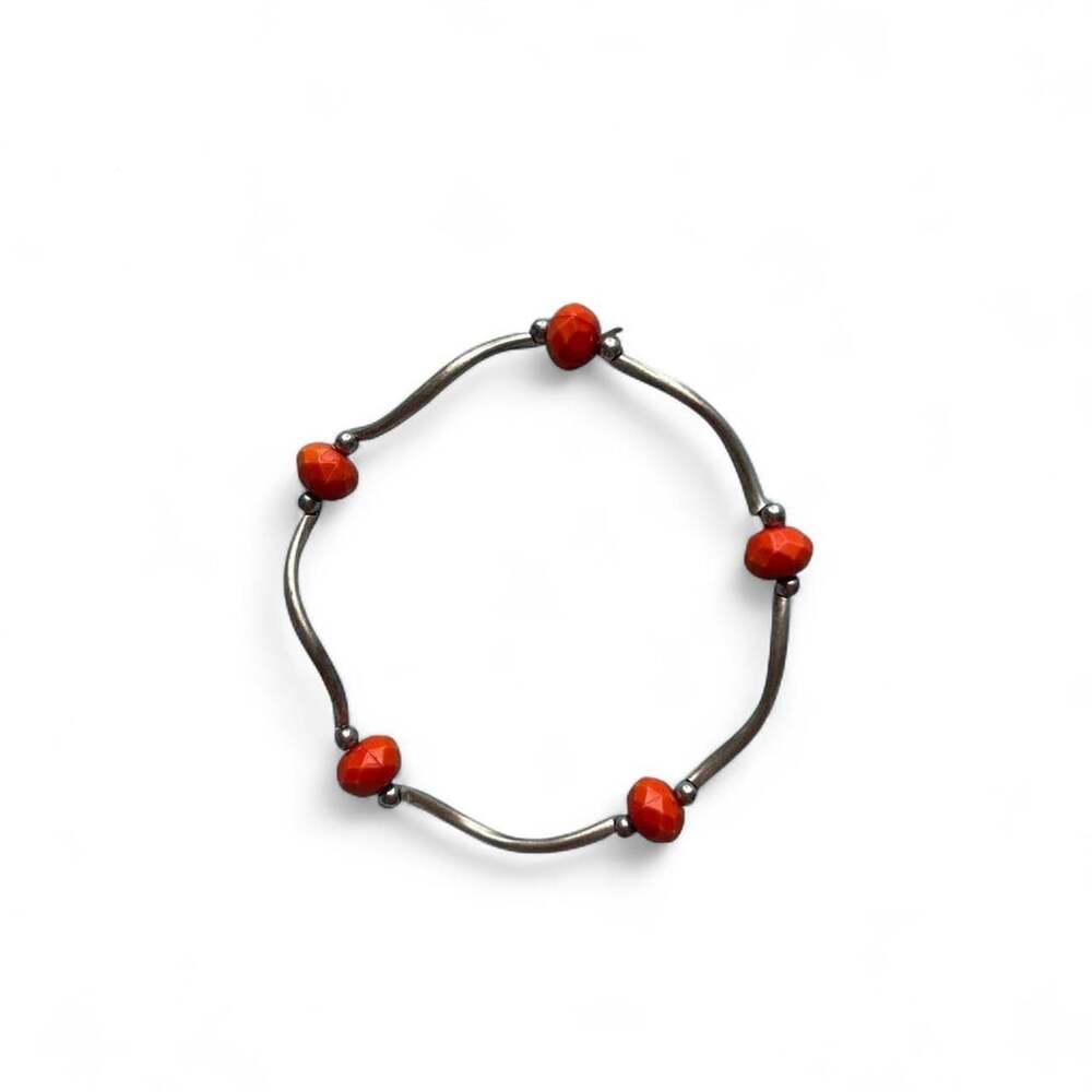 Unbranded Southwestern Silver and Orange Faceted Beaded Stretch Bracelet